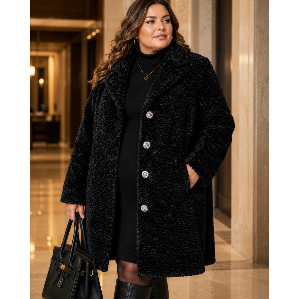 Donna Salyers Fabulous Furs Faux Persian Lamb Coat Black 2X Quiet Luxury - Picture 2 of 8